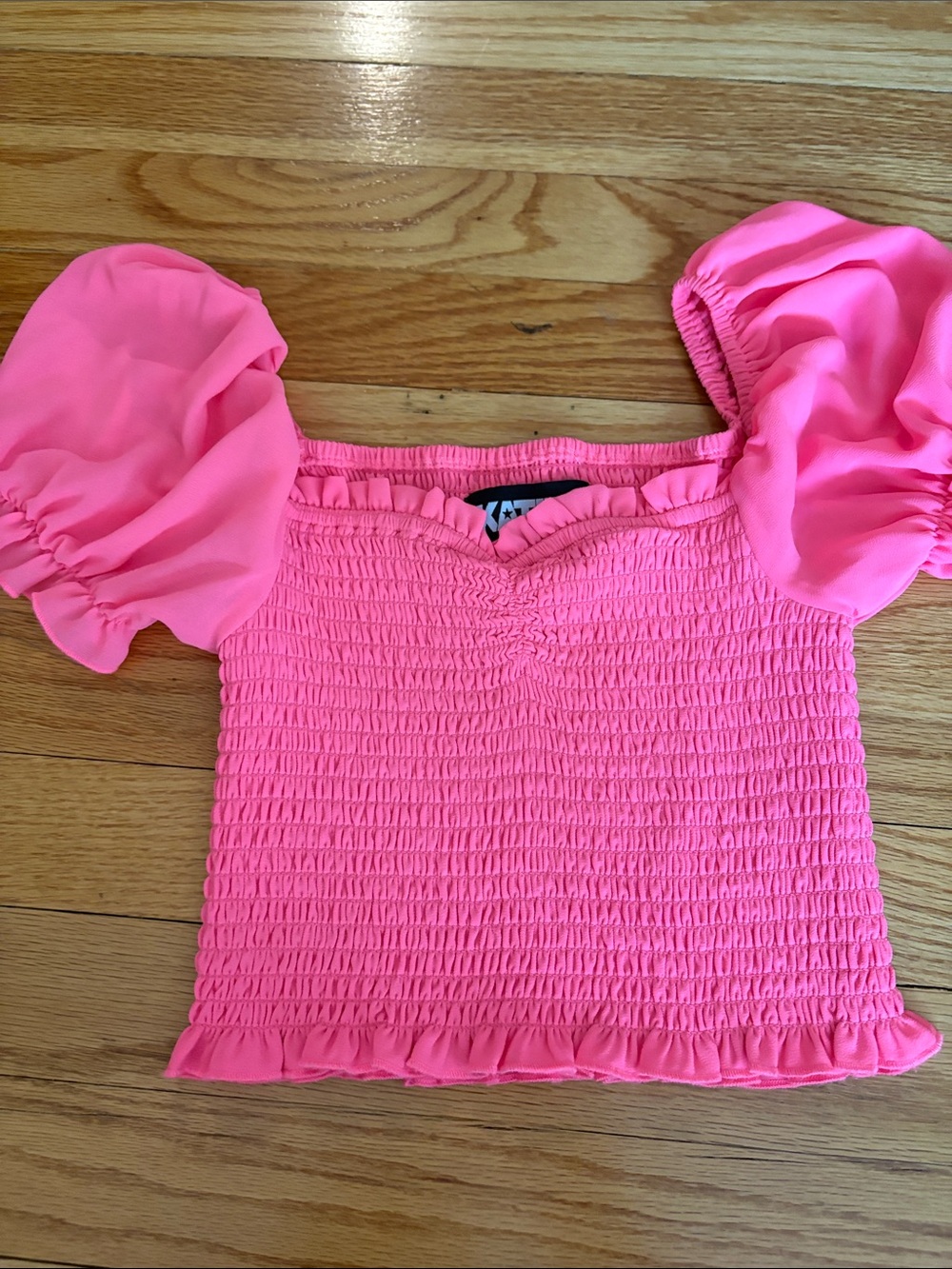 Katie J NYC Neon Pink Smocked Puff-Sleeve Crop Top